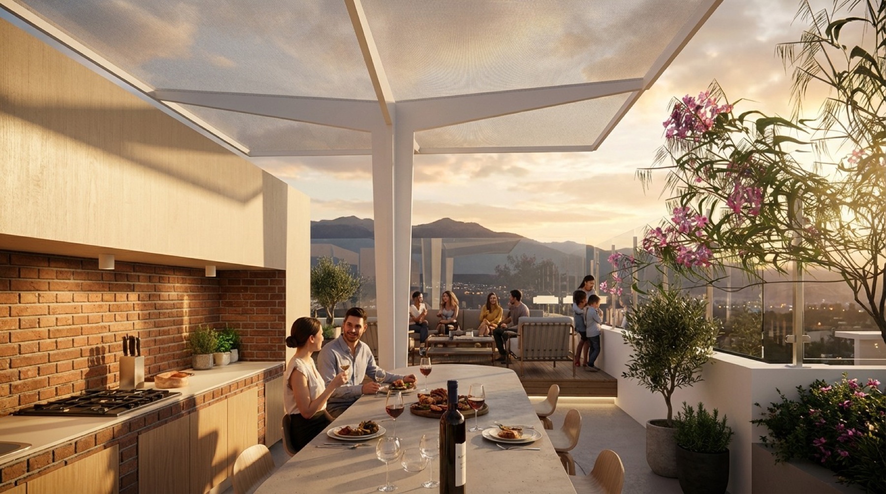 Terraza social de Punku con vista al volcán Misti